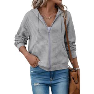 image:imageSHEWIN Womens Zip Up Hoodies Oversized Sweatshirt Fall Fashion Outfits 2026 Casual Waffle Hooded JacketsGrey