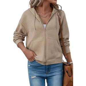 image:imageSHEWIN Womens Zip Up Hoodies Oversized Sweatshirt Fall Fashion Outfits 2026 Casual Waffle Hooded JacketsKhaki
