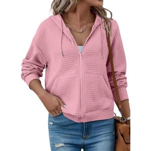 image:imageSHEWIN Womens Zip Up Hoodies Oversized Sweatshirt Fall Fashion Outfits 2026 Casual Waffle Hooded JacketsPink