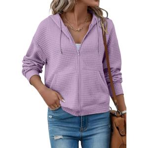 image:imageSHEWIN Womens Zip Up Hoodies Oversized Sweatshirt Fall Fashion Outfits 2026 Casual Waffle Hooded JacketsPurple