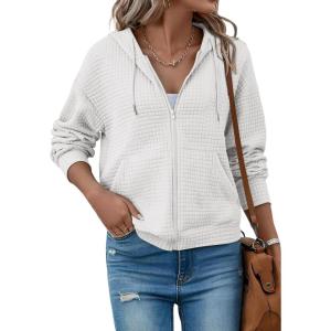 image:imageSHEWIN Womens Zip Up Hoodies Oversized Sweatshirt Fall Fashion Outfits 2026 Casual Waffle Hooded JacketsWhite
