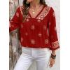 image:imageSHEWIN Womens Summer Tops Casual Retro Print V Neck 34 Sleeve Boho Vacation Blouses ShirtsRed