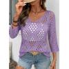 image:imageSHEWIN Womens Summer Tops Hollow Out Beach Crochet Cover Ups V Neck 34 Sleeve Pullover Sweater ShirtsPurple