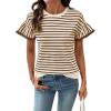 image:imageSHEWIN Women Summer Loose Fit Tops Trendy Rib Knit Stripe Shirt Business Dressy Casual 2026Beige and Brown
