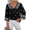 image:imageSHEWIN Womens Summer Tops Casual Retro Print V Neck 34 Sleeve Boho Vacation Blouses ShirtsBlack