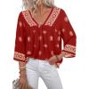 image:imageSHEWIN Womens Summer Tops Casual Retro Print V Neck 34 Sleeve Boho Vacation Blouses ShirtsRed