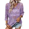 image:imageSHEWIN Womens Summer Tops Hollow Out Beach Crochet Cover Ups V Neck 34 Sleeve Pullover Sweater ShirtsPurple