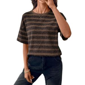 image:imageSHEWIN Women Summer Half Sleeve Tops Waffle Knit Shirts Dressy Casual 2026Brown and Black