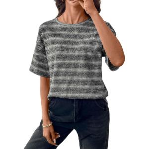 image:imageSHEWIN Women Summer Half Sleeve Tops Waffle Knit Shirts Dressy Casual 2026Grey and White