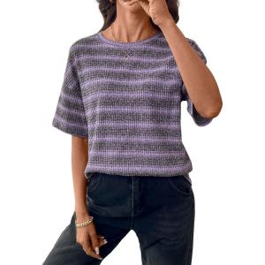 image:imageSHEWIN Women Summer Half Sleeve Tops Waffle Knit Shirts Dressy Casual 2026Purple and Grey
