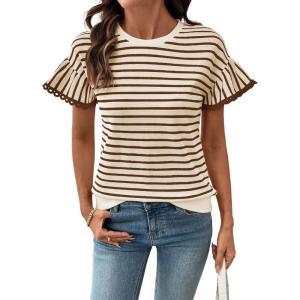 image:imageSHEWIN Women Summer Loose Fit Tops Trendy Rib Knit Stripe Shirt Business Dressy Casual 2026Beige and Brown