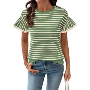 image:imageSHEWIN Women Summer Loose Fit Tops Trendy Rib Knit Stripe Shirt Business Dressy Casual 2026Beige and Green