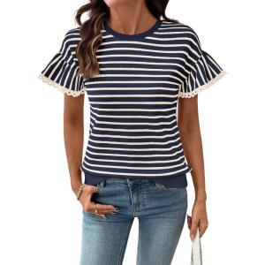 image:imageSHEWIN Women Summer Loose Fit Tops Trendy Rib Knit Stripe Shirt Business Dressy Casual 2026Beige and Navy Blue