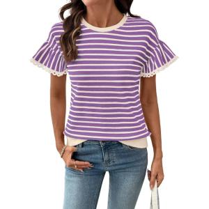 image:imageSHEWIN Women Summer Loose Fit Tops Trendy Rib Knit Stripe Shirt Business Dressy Casual 2026Beige and Purple