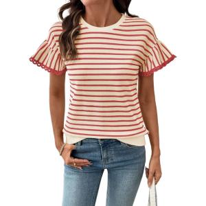 image:imageSHEWIN Women Summer Loose Fit Tops Trendy Rib Knit Stripe Shirt Business Dressy Casual 2026Beige and Red
