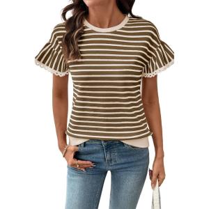 image:imageSHEWIN Women Summer Loose Fit Tops Trendy Rib Knit Stripe Shirt Business Dressy Casual 2026Chestnut Brown