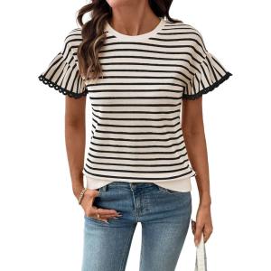 image:imageSHEWIN Women Summer Loose Fit Tops Trendy Rib Knit Stripe Shirt Business Dressy Casual 2026White and Black