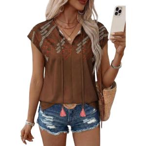 image:imageSHEWIN Womens Blouses Boho Summer Tops Cap Short Sleeves V Neck Chiffon Casual Elegant Geometric Printed ShirtsBrown