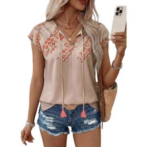 image:imageSHEWIN Womens Blouses Boho Summer Tops Cap Short Sleeves V Neck Chiffon Casual Elegant Geometric Printed ShirtsKhaki