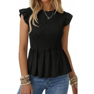 image:imageSHEWIN Womens Blouses Peplum Babydoll Summer Tops Ruffle Sleeve Dressy Casual Elegant Ladies Solid Shirts Spring ClothesBlack