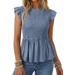 image:imageSHEWIN Womens Blouses Peplum Babydoll Summer Tops Ruffle Sleeve Dressy Casual Elegant Ladies Solid Shirts Spring ClothesBlue
