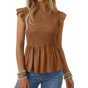 image:imageSHEWIN Womens Blouses Peplum Babydoll Summer Tops Ruffle Sleeve Dressy Casual Elegant Ladies Solid Shirts Spring ClothesCoffee