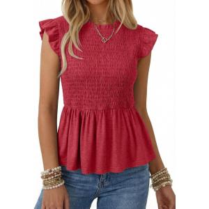 image:imageSHEWIN Womens Blouses Peplum Babydoll Summer Tops Ruffle Sleeve Dressy Casual Elegant Ladies Solid Shirts Spring ClothesRose Red
