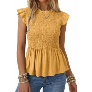 image:imageSHEWIN Womens Blouses Peplum Babydoll Summer Tops Ruffle Sleeve Dressy Casual Elegant Ladies Solid Shirts Spring ClothesYellow