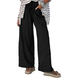 image:imageSHEWIN Womens Boho Wide Leg Pants Lace Casual Drawstring Elastic Waist Summer Spring 2026 Beach Vacation Palazzo PantsBlack