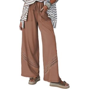 image:imageSHEWIN Womens Boho Wide Leg Pants Lace Casual Drawstring Elastic Waist Summer Spring 2026 Beach Vacation Palazzo PantsBrown