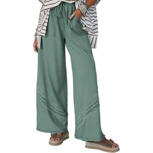 image:imageSHEWIN Womens Boho Wide Leg Pants Lace Casual Drawstring Elastic Waist Summer Spring 2026 Beach Vacation Palazzo PantsGreen