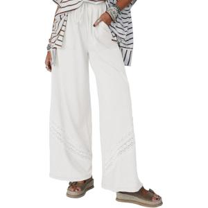 image:imageSHEWIN Womens Boho Wide Leg Pants Lace Casual Drawstring Elastic Waist Summer Spring 2026 Beach Vacation Palazzo PantsWhite