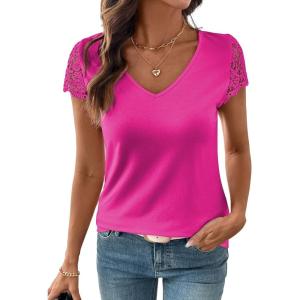 image:imageSHEWIN Womens Lace Tops Casual V Neck Short Sleeve Shirts Loose Tunic Top 2026Hot Pink