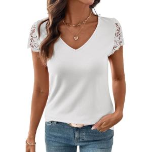image:imageSHEWIN Womens Lace Tops Casual V Neck Short Sleeve Shirts Loose Tunic Top 2026White