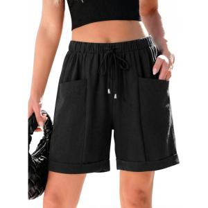 image:imageSHEWIN Womens Shorts Lightweight Bermuda Shorts for Women Casual 5 Inch Inseam Summer Linen Shorts with PocketsBlack
