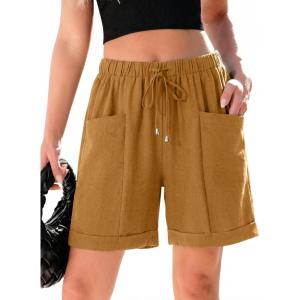 image:imageSHEWIN Womens Shorts Lightweight Bermuda Shorts for Women Casual 5 Inch Inseam Summer Linen Shorts with PocketsHoney Gold