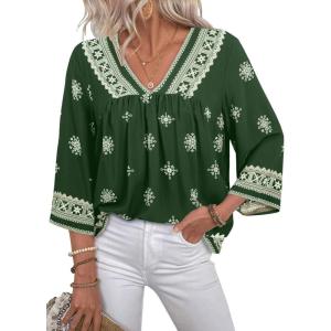 image:imageSHEWIN Womens Summer Tops Casual Retro Print V Neck 34 Sleeve Boho Vacation Blouses ShirtsGreen