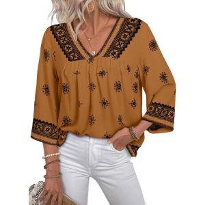 image:imageSHEWIN Womens Summer Tops Casual Retro Print V Neck 34 Sleeve Boho Vacation Blouses ShirtsKhaki