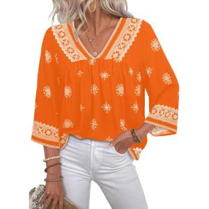 image:imageSHEWIN Womens Summer Tops Casual Retro Print V Neck 34 Sleeve Boho Vacation Blouses ShirtsOrange