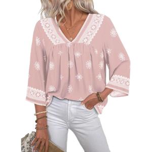 image:imageSHEWIN Womens Summer Tops Casual Retro Print V Neck 34 Sleeve Boho Vacation Blouses ShirtsPink