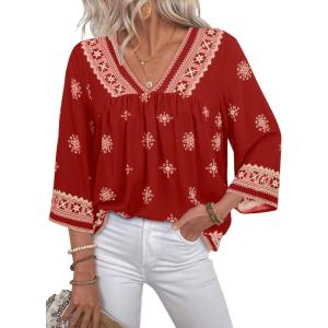 image:imageSHEWIN Womens Summer Tops Casual Retro Print V Neck 34 Sleeve Boho Vacation Blouses ShirtsRed