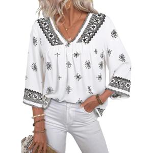 image:imageSHEWIN Womens Summer Tops Casual Retro Print V Neck 34 Sleeve Boho Vacation Blouses ShirtsWhite