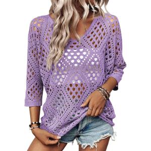 image:imageSHEWIN Womens Summer Tops Hollow Out Beach Crochet Cover Ups V Neck 34 Sleeve Pullover Sweater ShirtsPurple