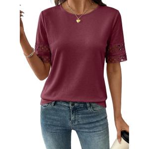 image:imageSHEWIN Womens T Shirts Crewneck Hollow Out Short Sleeve Blouses Tee Summer Tops for Women 2026Burgundy