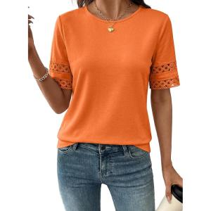 image:imageSHEWIN Womens T Shirts Crewneck Hollow Out Short Sleeve Blouses Tee Summer Tops for Women 2026Flamingo