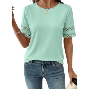 image:imageSHEWIN Womens T Shirts Crewneck Hollow Out Short Sleeve Blouses Tee Summer Tops for Women 2026Iceland Blue