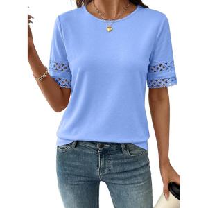 image:imageSHEWIN Womens T Shirts Crewneck Hollow Out Short Sleeve Blouses Tee Summer Tops for Women 2026Sky Blue