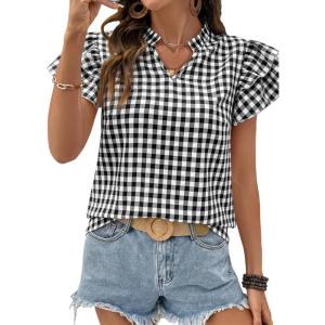 image:imageSHEWIN Womens Tops V Neck Ruffle Short Sleeve Gingham Shirts Blouses Cute Summer Tops for Women 2026Black