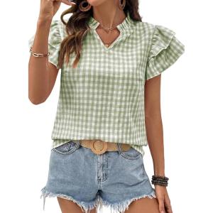 image:imageSHEWIN Womens Tops V Neck Ruffle Short Sleeve Gingham Shirts Blouses Cute Summer Tops for Women 2026Grass Green