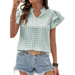 image:imageSHEWIN Womens Tops V Neck Ruffle Short Sleeve Gingham Shirts Blouses Cute Summer Tops for Women 2026Light Blue